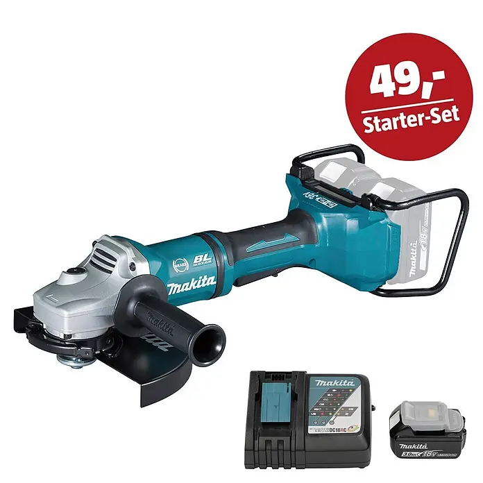 Makita LXT 18V Maschinen-Set - Akku-Winkelschleifer DGA900ZKX2, Ladegerät & 3 Ah Akku - Makita Akku-Winkelschleifer (türkis/schwarz) mit silbernem Kopf, inklusive Ladegerät und Akku. Als „49,- Starter-Set“ beworben.