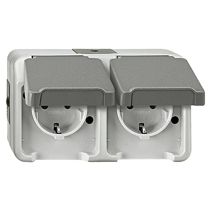 Merten Aquastar Steckdose MEG2321-8029 - 2-fach, Horizontal, Grau, IP44 - Die Merten ARGUS Aufputz-Doppelsteckdose mit Klappdeckel bietet doppelten Schutz und Funktionalität für den Außenbereich.