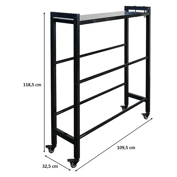 Getränkekistenregal KÖNIGSSEE L PLUS 119x110x33 6 Kisten Schwarz -  - Schwarzer Metall-Wäscheständer auf Rollen mit mehreren Stangen und Ablage, 118,5 cm hoch, 109,5 cm breit, 32,5 cm tief.