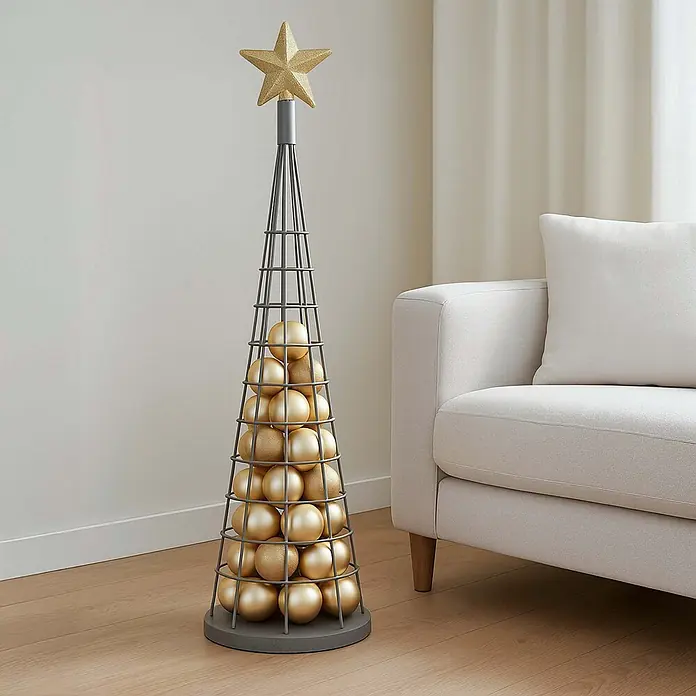 Mendler Deko-Weihnachtsbaum HWC-O91 Metall 115cm - silberfarben -  - Hoher grauer Metall-Weihnachtsbaumständer mit goldenen Kugeln und Stern, neben einem weißen Sofa.