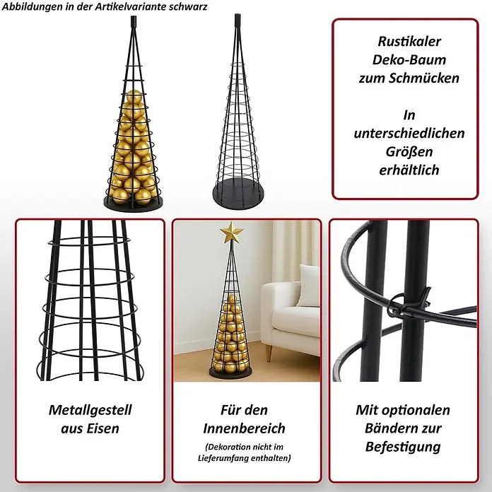 Mendler Deko-Weihnachtsbaum HWC-O91 Metall 115cm - weiß -  - Schwarzer konischer Deko-Baum aus Eisen, zum Schmücken von Ornamenten.