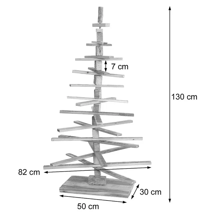 Mendler Deko-Weihnachtsbaum HWC-H77 verstellbar 130x82x82cm Tanne - weiß -  - Ein dekorativer Weihnachtsbaum aus Holzlatten mit gestaffelten horizontalen Planken und einem stabilen rechteckigen Sockel, 130 cm hoch.