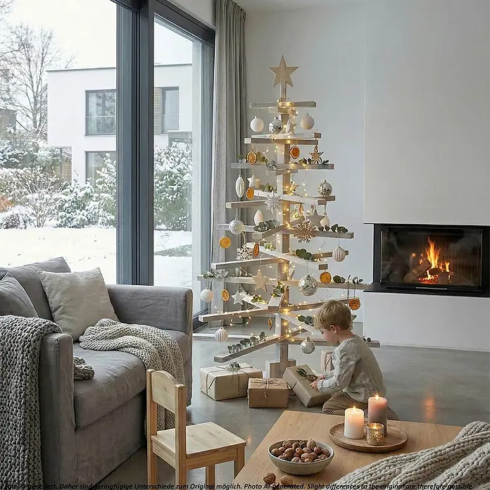 Mendler Deko-Weihnachtsbaum HWC-H77 verstellbar 130x82x82cm Tanne - weiß -  - Ein dekorativer Weihnachtsbaum aus hellem Holz mit Ornamenten und Lichtern in einem modernen Wohnzimmerambiente.