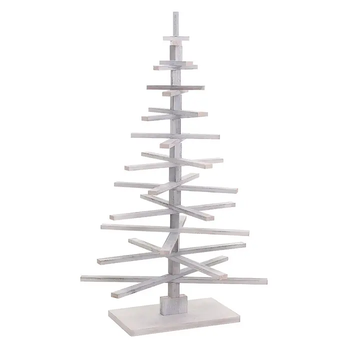 Mendler Deko-Weihnachtsbaum HWC-H77 verstellbar 130x82x82cm Tanne - weiß -  - Weiß getünchter dekorativer Weihnachtsbaum aus horizontalen Holzlatten unterschiedlicher Länge auf einem flachen Sockel.