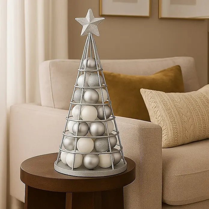 Mendler Deko-Weihnachtsbaum HWC-O91 Metall 60cm - silberfarben -  - Silberner Metall-Weihnachtsbaumrahmen mit Sternspitze, gefüllt mit silbernen und weißen Kugeln, auf einem Beistelltisch.