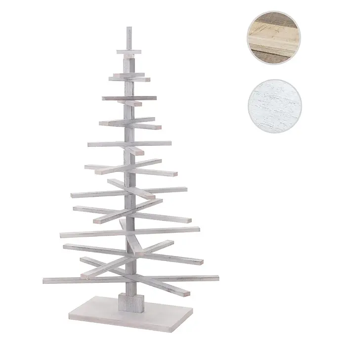 Mendler Deko-Weihnachtsbaum HWC-H77 verstellbar 130x82x82cm Tanne - weiß -  - Ein dekorativer Weihnachtsbaum aus weiß-grauem, distressed Holz, gefertigt aus horizontalen Latten auf einem Stamm und einem Sockel.