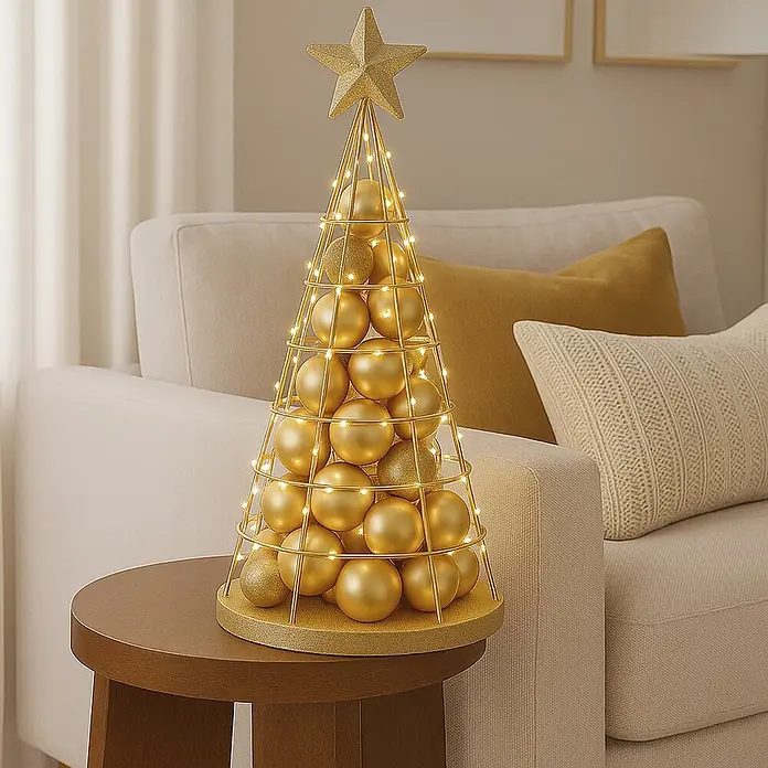 Mendler Deko-Weihnachtsbaum HWC-O91 Metall 60cm - goldfarben -  - Goldene Weihnachtsbaum-Dekoration mit Metallrahmen, Kugeln und Lichtern, mit Stern, auf einem Beistelltisch.
