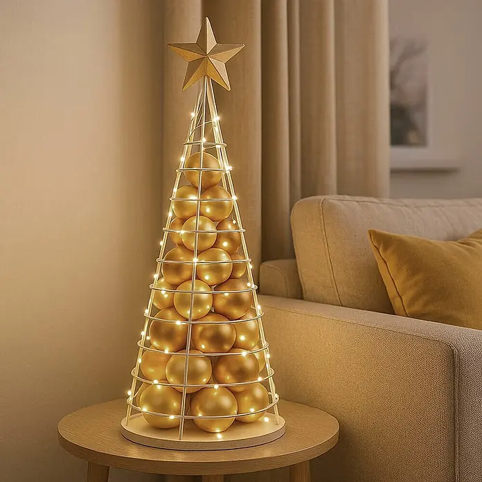 Mendler Deko-Weihnachtsbaum HWC-O91 Metall 90cm - weiß -  - Dekorativer Weihnachtsbaum aus Metall mit goldenen Kugeln und Lichterkette, auf einem Holztisch im Wohnzimmer.