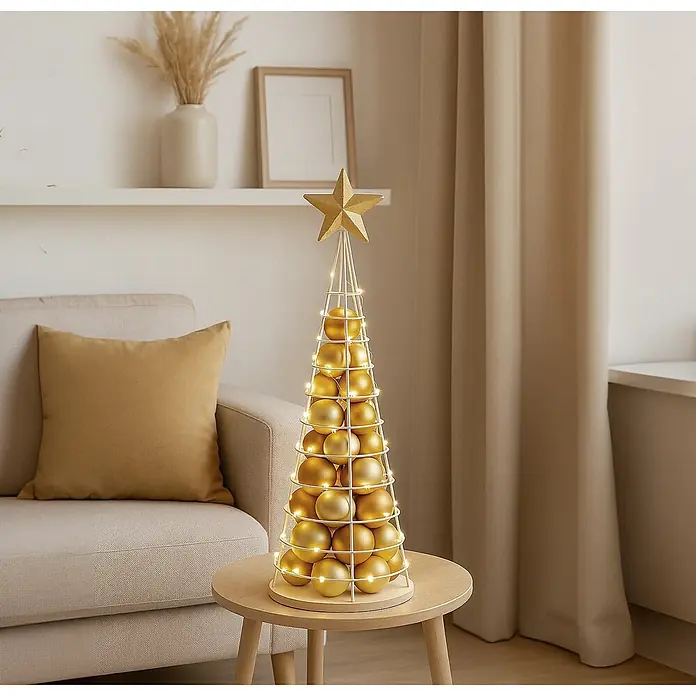 Mendler Deko-Weihnachtsbaum HWC-O91 Metall 90cm - weiß -  - Ein weißer Draht-Weihnachtsbaum mit goldenen Kugeln und Lichtern, gekrönt von einem Stern, steht auf einem Holztisch.