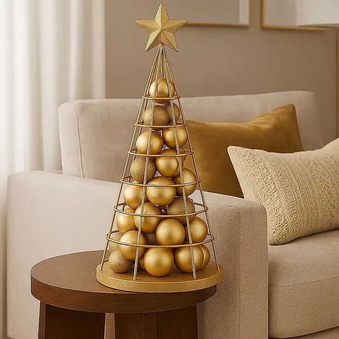 Mendler Deko-Weihnachtsbaum HWC-O91 Metall 60cm - goldfarben -  - Ein goldener Metall-Ornamenthalter in Baumform, mit Stern und goldenen Kugeln gefüllt, steht auf einem Beistelltisch neben einem Sofa.