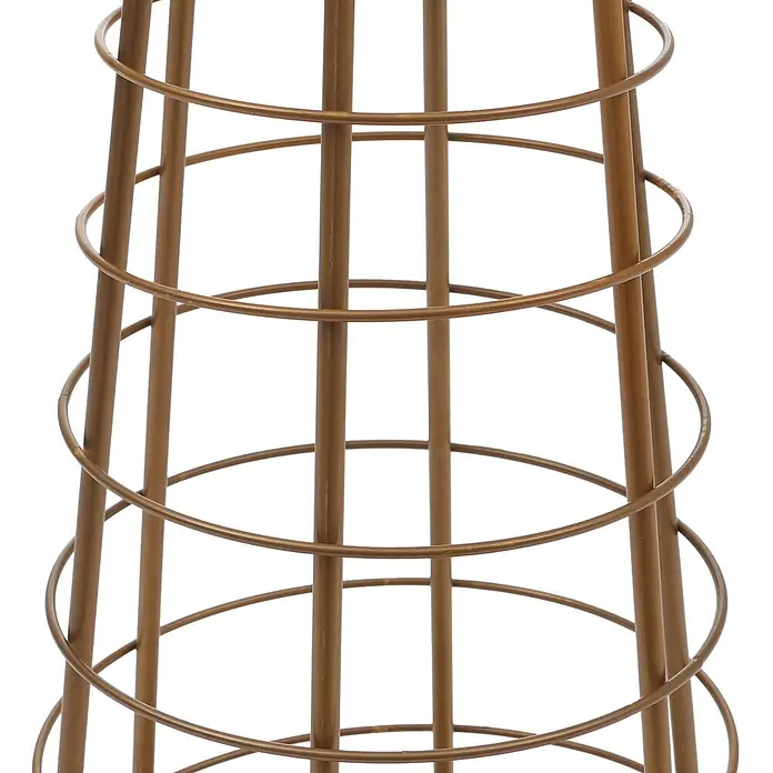 Mendler Deko-Weihnachtsbaum HWC-O91 Metall 115cm - goldfarben -  - Nahaufnahme eines goldfarbenen Metallgestells mit vertikalen Stäben und horizontalen Ringen, die einen sich verjüngenden Käfig oder Ständer bilden.
