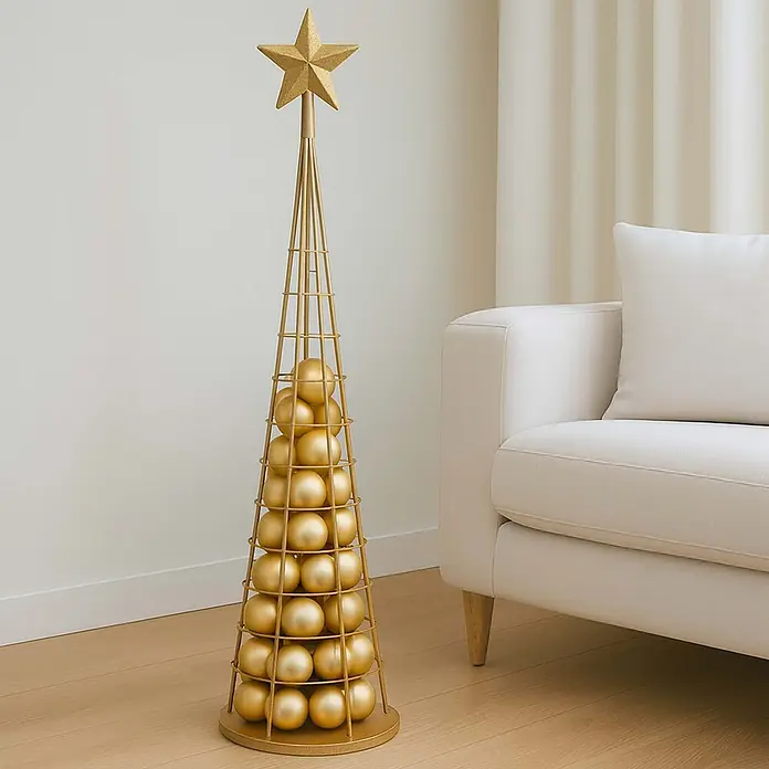 Mendler Deko-Weihnachtsbaum HWC-O91 Metall 115cm - goldfarben -  - Goldene Metall-Weihnachtsbaumalternative, konisch mit Sternspitze, gefüllt mit goldener Deko, auf Holzboden neben weißem Sofa.