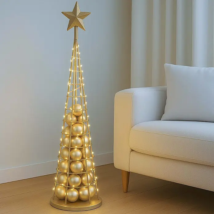 Mendler Deko-Weihnachtsbaum HWC-O91 Metall 115cm - goldfarben -  - Goldener konischer Metall-Dekorationsbaum mit Sternspitze, goldenen Kugeln und warmen LED-Lichtern, auf Holzboden neben weißem Sofa.