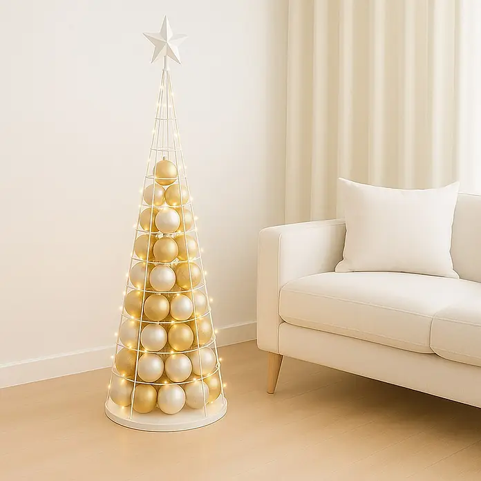 Mendler Deko-Weihnachtsbaum HWC-O91, Metall 160cm ~ weiß -  - Weißer Draht-Weihnachtsbaum mit goldenen und weißen Kugeln und Lichtern, mit Stern, neben cremefarbener Couch.