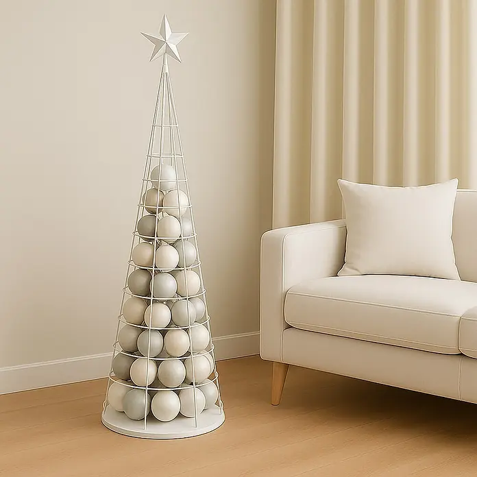 Mendler Deko-Weihnachtsbaum HWC-O91, Metall 160cm ~ weiß -  - Weißer Metall-Kegelweihnachtsbaum mit Stern, gefüllt mit weißen und grauen Kugeln, neben einem cremefarbenen Sofa.