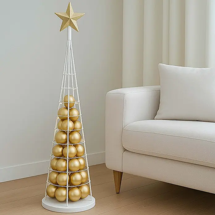 Mendler Deko-Weihnachtsbaum HWC-O91 Metall 115cm - weiß -  - Weißer Metallrahmen-Weihnachtsbaum mit goldenen Kugeln und goldenem Stern als Spitze, neben einem cremefarbenen Sofa stehend.