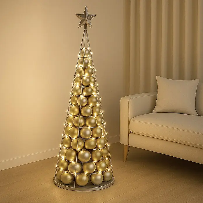 Mendler Deko-Weihnachtsbaum HWC-O91, Metall 160cm ~ silberfarben -  - Beleuchtete goldene Kugeln Weihnachtsbaumdekoration mit Sternspitze, neben einem cremefarbenen Sofa.