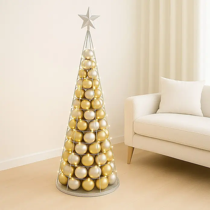 Mendler Deko-Weihnachtsbaum HWC-O91, Metall 160cm ~ silberfarben -  - Hoher Deko-Weihnachtsbaum mit silbernem Gestell, gold/silbernen Kugeln, warmweißen Lichtern und Stern, im Raum.
