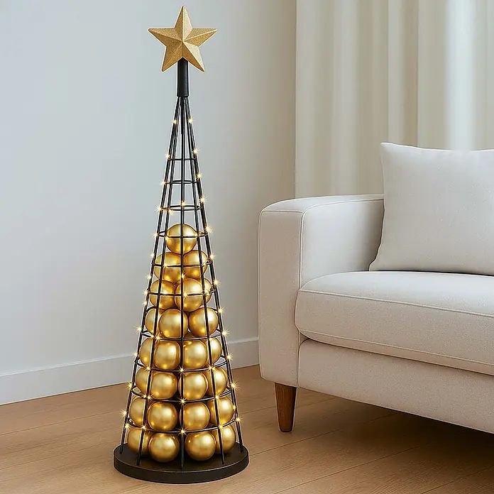 Mendler Deko-Weihnachtsbaum HWC-O91 Metall 115cm - schwarz -  - Schwarzer Metall-Kegel-Weihnachtsbaum mit goldenen Kugeln, funkelnden LED-Lichtern und einem goldenen Stern, eine elegante Heimdekoration.