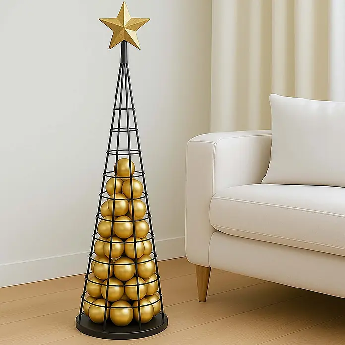Mendler Deko-Weihnachtsbaum HWC-O91 Metall 115cm - schwarz -  - Schwarzer Metall-Weihnachtsbaum-Ständer mit goldenen Kugeln und Stern.