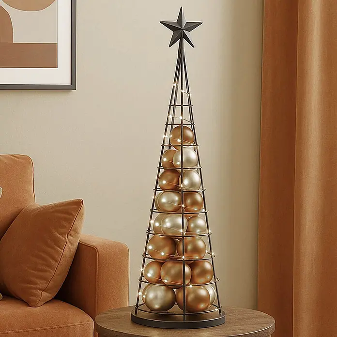 Mendler Deko-Weihnachtsbaum HWC-O91 Metall 90cm - schwarz -  - Dekorativer schwarzer Metall-Weihnachtsbaum mit goldenen und silbernen Kugeln und Lichterketten auf einem Beistelltisch.