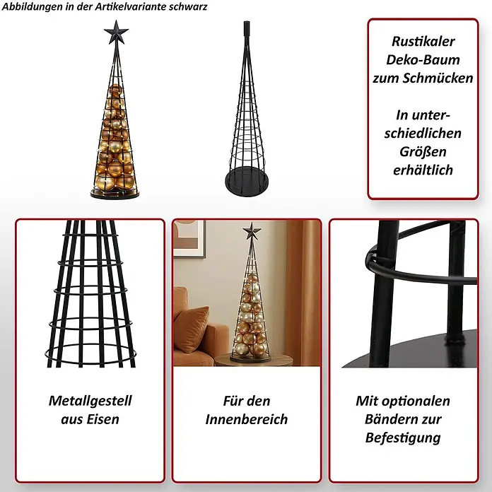 Mendler Deko-Weihnachtsbaum HWC-O91 Metall 90cm - schwarz -  - Schwarzer Metall-Dekobaum in Tannenform, leer und mit goldenen Kugeln dekoriert, für den Innenbereich.