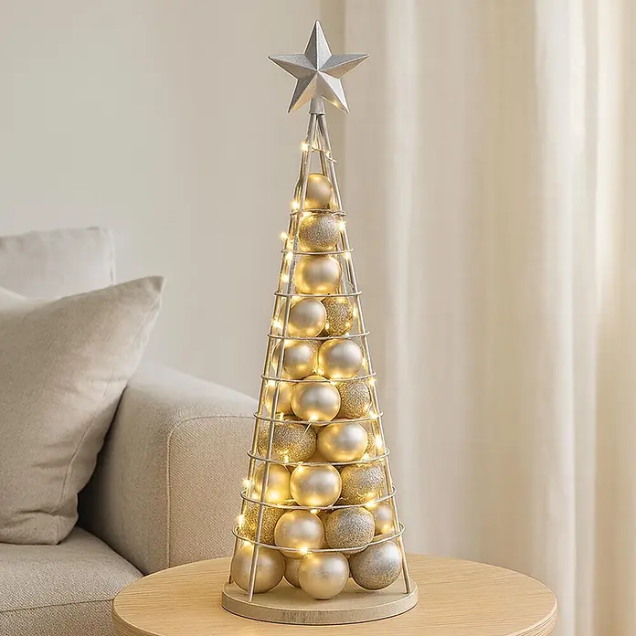 Mendler Deko-Weihnachtsbaum HWC-O91 Metall 90cm - silberfarben -  - Eine dekorative Weihnachtsbaumskulptur aus Metall mit goldenen und silbernen Kugeln und LED-Lichtern, mit Stern, auf einem Beistelltisch.