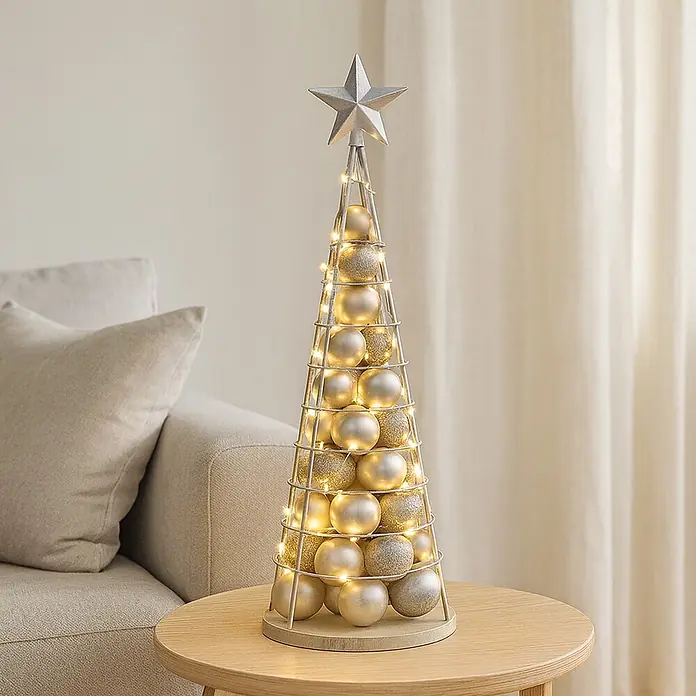 Mendler Deko-Weihnachtsbaum HWC-O91 Metall 90cm - silberfarben -  - Silberner Metall-Weihnachtsbaum mit gold-silbernen Kugeln, warmen LED-Lichtern und einem Stern, auf einem Tisch.