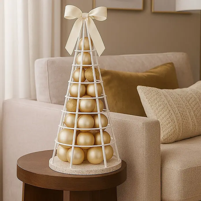 Mendler Deko-Weihnachtsbaum HWC-O91 Metall 60cm - weiß -  - Ein weißer Metall-Weihnachtsbaum mit goldenen Kugeln und einer cremefarbenen Schleife auf einem Beistelltisch.