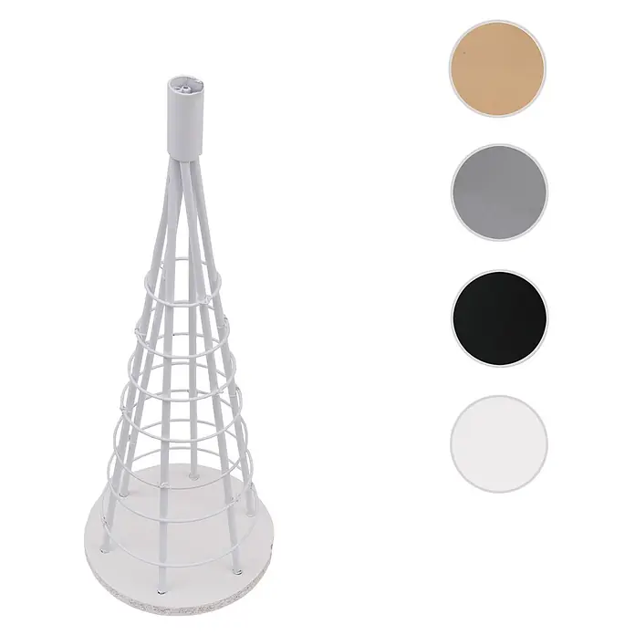 Mendler Deko-Weihnachtsbaum HWC-O91 Metall 60cm - weiß -  - Weißer konischer Drahtständer aus Metall mit flachem Holzfuß, offenem Schichtdesign und zylindrischer Spitze.