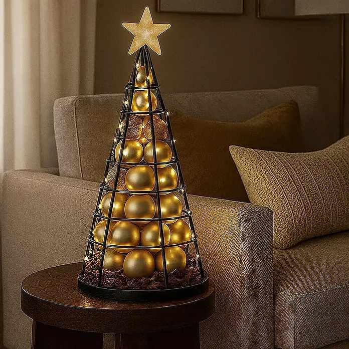 Mendler Deko-Weihnachtsbaum HWC-O91 Metall 60cm - schwarz -  - Eine beleuchtete schwarze Metall-Kegel-Weihnachtsbaumdekoration mit goldenen Kugeln und Sternspitze auf einem runden Holztisch.