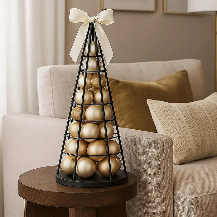 Mendler Deko-Weihnachtsbaum HWC-O91 Metall 60cm - schwarz -  - Schwarzes Metall-Kegeldisplay gefüllt mit goldfarbenen Kugeln und einer cremefarbenen Schleife, auf einem Beistelltisch.