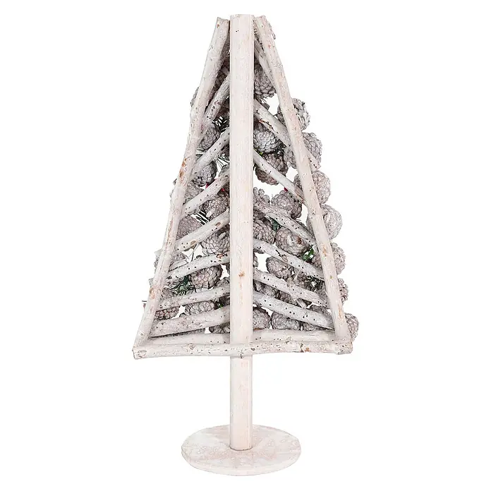 Mendler Deko-Weihnachtsbaum HWC-M17 Kiefernzapfen Holz 60x32x17cm -  - Dekorativer Weihnachtsbaum aus weiß gekalkten Holzstäben und mattierten Tannenzapfen auf rundem Sockel.