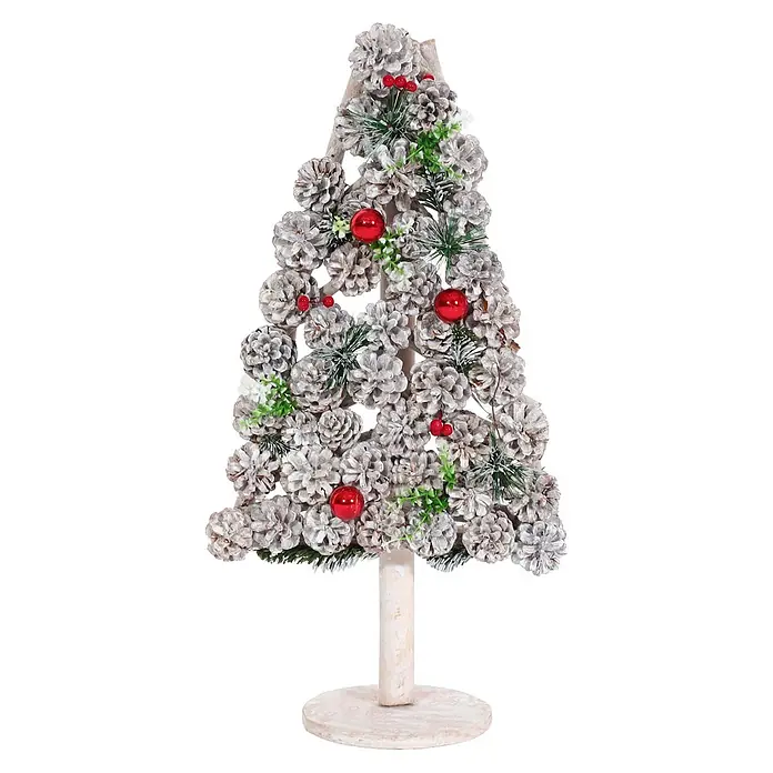 Mendler Deko-Weihnachtsbaum HWC-M17 Kiefernzapfen Holz 60x32x17cm -  - Dekorativer Weihnachtsbaum aus bereiften Tannenzapfen, roten Beeren und grünen Akzenten auf Holzfuß.
