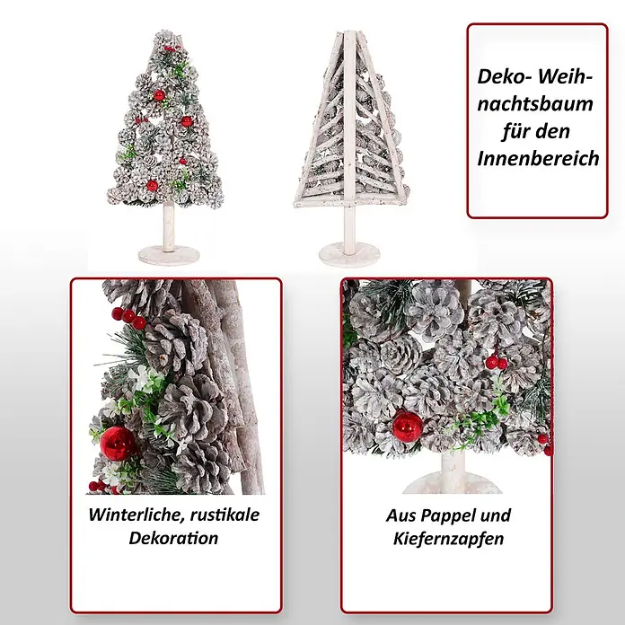 Mendler Deko-Weihnachtsbaum HWC-M17 Kiefernzapfen Holz 60x32x17cm -  - Dekorativer Weihnachtsbaum aus Pappel und Kiefernzapfen, weiß gefrostet mit roten Akzenten, für den Innenbereich.