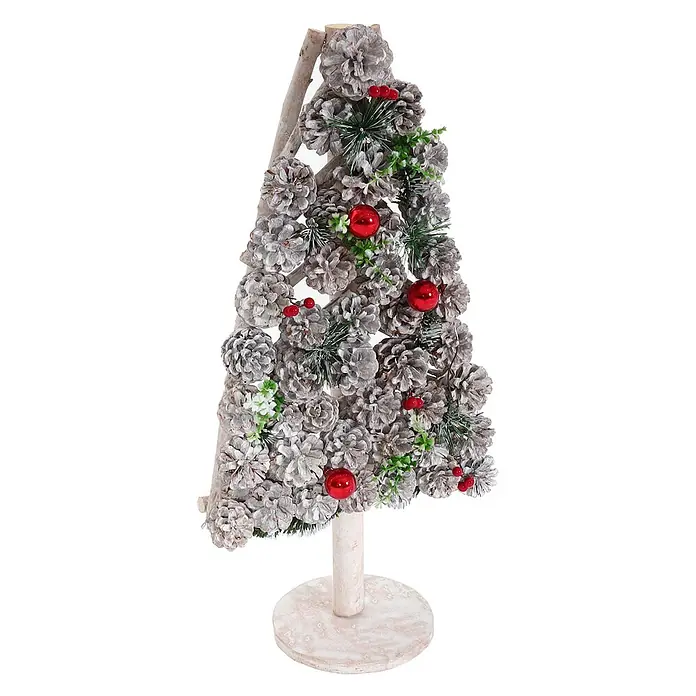 Mendler Deko-Weihnachtsbaum HWC-M17 Kiefernzapfen Holz 60x32x17cm -  - Dekorativer Weihnachtsbaum aus gefrosteten Tannenzapfen, verziert mit roten Beeren und Kugeln, auf einem hellen Holzsockel.