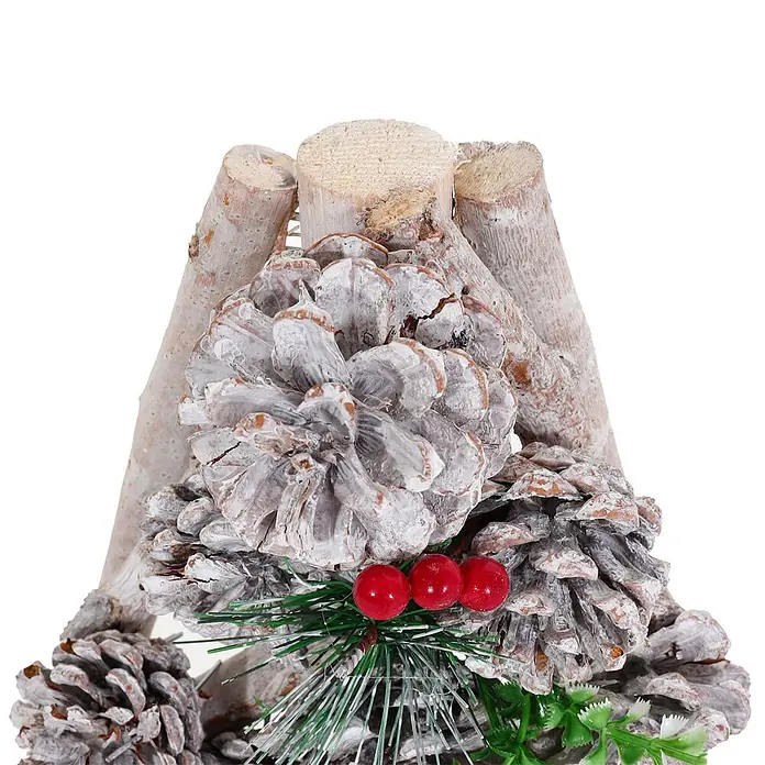 Mendler Deko-Weihnachtsbaum HWC-M17 Kiefernzapfen Holz 60x32x17cm -  - Rustikale Winterdekoration mit Birkenstämmen, bereiften Tannenzapfen, roten Beeren und grünen Kunstnadeln.