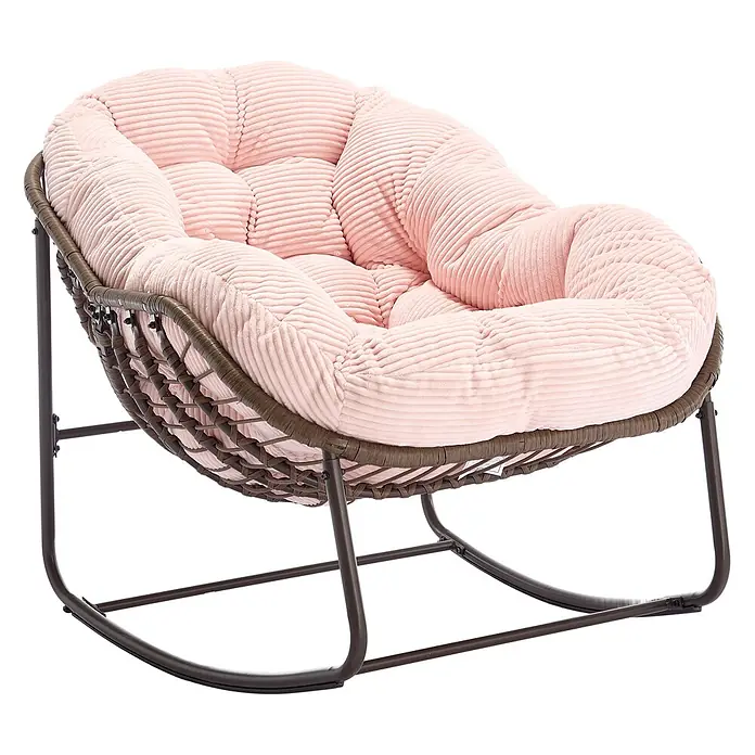 SONNENH Rattan-Schaukelstuhl mit Polster, Rosa -  - Rosafarbener Cord-Papasan-Sessel mit dunkelbraunem Metallgestell und geflochtener Basis, als Schaukelstuhl.