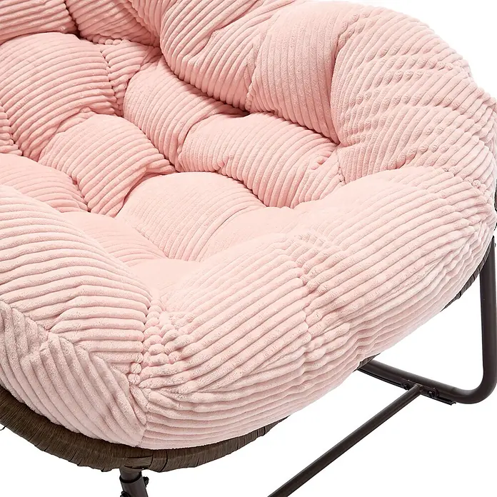 SONNENH Rattan-Schaukelstuhl mit Polster, Rosa -  - Rosa Kordsamt-Papasan-Stuhlkissen mit gerippter Textur auf dunklem Gestell.