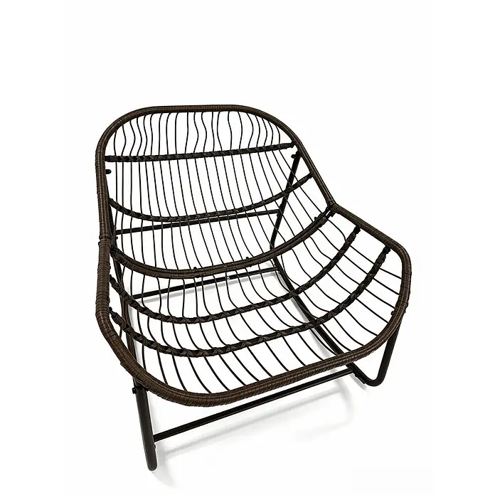 SONNENH Rattan-Ei-Schaukelstuhl mit Polster, Dunkelgrau -  - Brauner Lounge-Sessel im Korbflecht-Stil mit tiefer, geschwungener Sitzfläche und Rückenlehne auf einem dunklen Metallgestell.