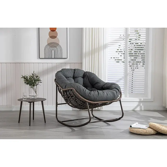 SONNENH Rattan-Ei-Schaukelstuhl mit Polster, Dunkelgrau -  - Bequemer Schaukelstuhl mit dunkelgrauem Kissen und braunem Rattan-Gestell.
