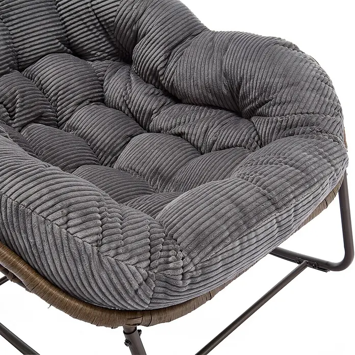 SONNENH Rattan-Schaukelstuhl mit Polster, Grau -  - Grauer Cord-Papasan-Sessel mit geflochtenem braunem Rahmen und dunklen Metallbeinen.