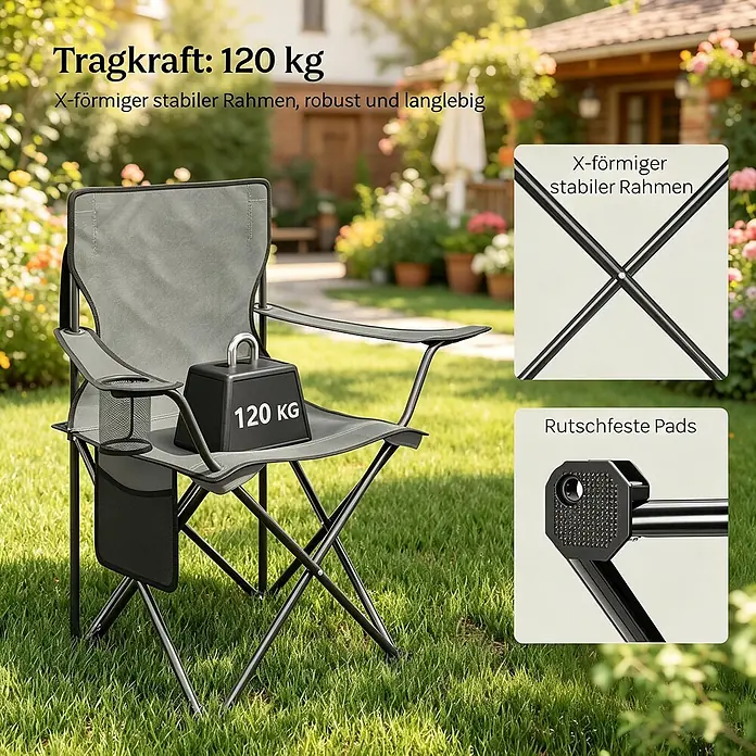 SONNENH Campingstuhl-Set mit Getränkehalter, 2 Stück, Dunkelgrau -  - Grauer Klappstuhl im Garten, zeigt 120 kg Tragkraft, X-Rahmen und rutschfeste Pads.