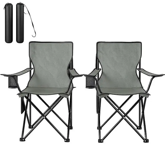 SONNENH Campingstuhl-Set mit Getränkehalter, 2 Stück, Dunkelgrau -  - Zwei graue Klapp-Campingstühle mit Getränkehaltern und zwei schwarzen Tragetaschen.
