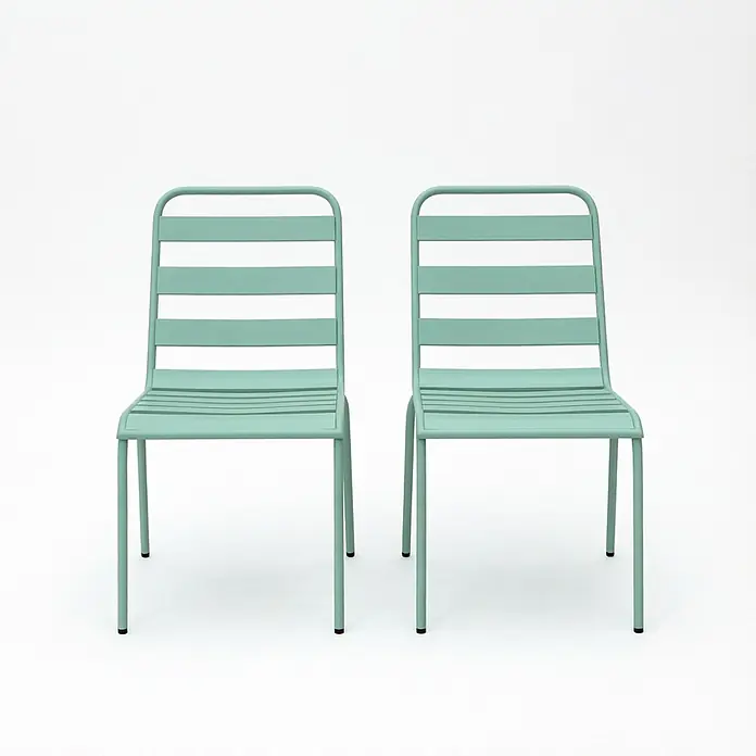 SONNENH Gartenstuhl-Set Grün, 2 stapelbare Stahlstühle -  - Zwei mintgrüne Stühle aus Metall mit Lattenrost.