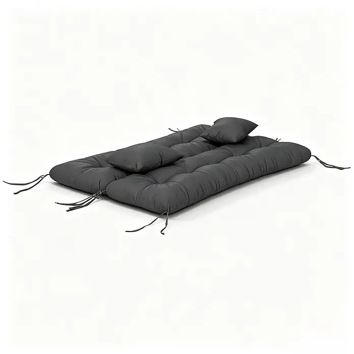 SONNENH Garten-Schaukelauflagen anthrazit, 4-teiliges Kissen-Set -  - Dunkelgraue gesteppte Outdoor-Matratze mit Bindebändern und zwei passenden Kissen für Komfort.