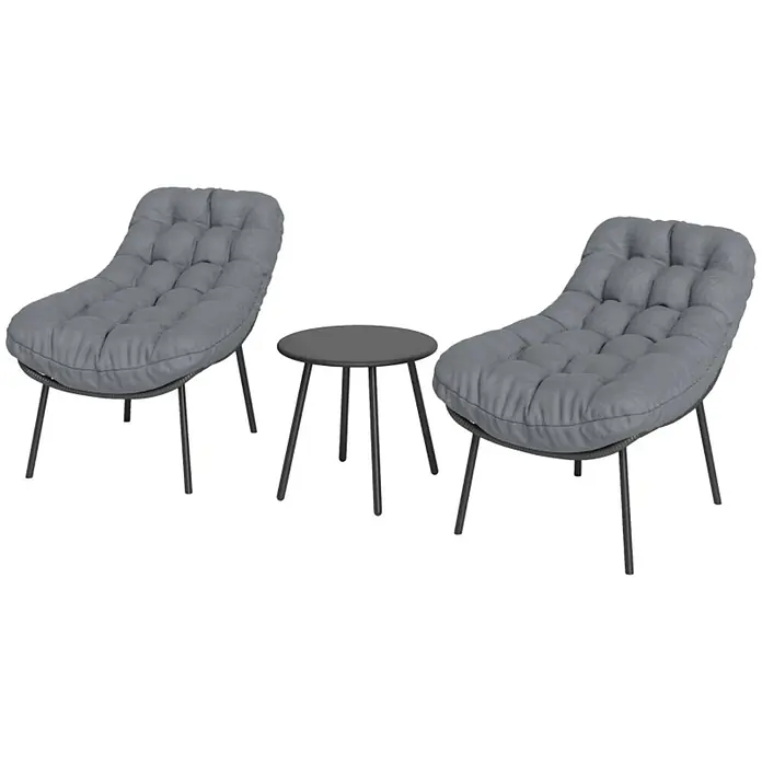 SONNENH Loungemöbel-Set mit zwei Sesseln und Beistelltisch, grau -  - Outdoor-Lounge-Set mit zwei grauen Polsterstühlen und schwarzen Beinen sowie einem kleinen runden schwarzen Beistelltisch.