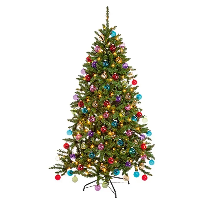 Künstlicher Weihnachtsbaum Bristlecone - Höhe: 185 cm, Grün - Grüner künstlicher Weihnachtsbaum mit bunten Kugeln, funkelnden Lichtern und schwarzem Ständer.