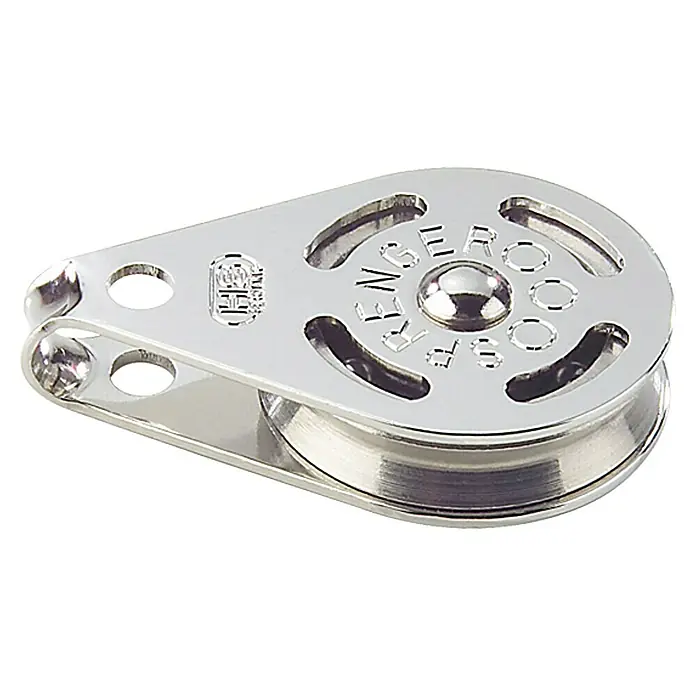 Sprenger High-Load-Block - 38 x 8 mm, 1 Rolle, Mit Bügel, Kugellager, Edelstahl - Nahaufnahme eines einzelnen, silbernen Kugelgelagerten Segelblocks, der für Segelboote entwickelt wurde.