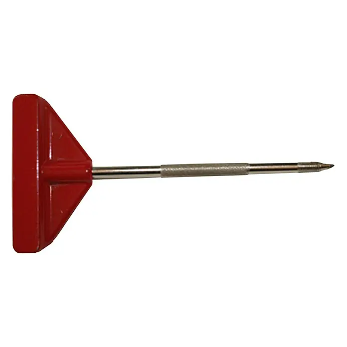 Heka Punta de trazar - Espesor placa: 8 mm - Primer plano de un picahielos rojo con mango en el centro y punta larga y afilada.